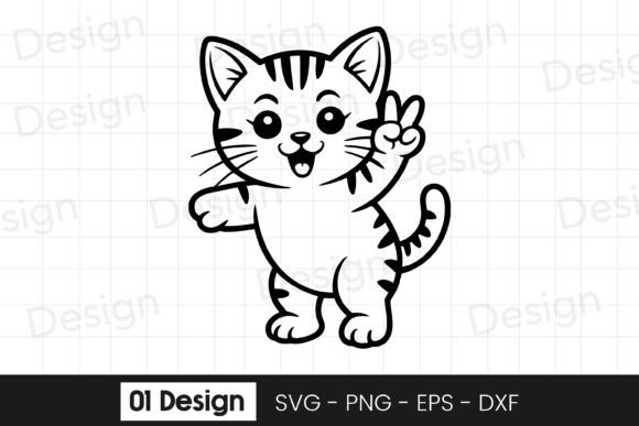 Cute Kitten Peace Sign Cartoon SVG PNG for Graphics & Crafts